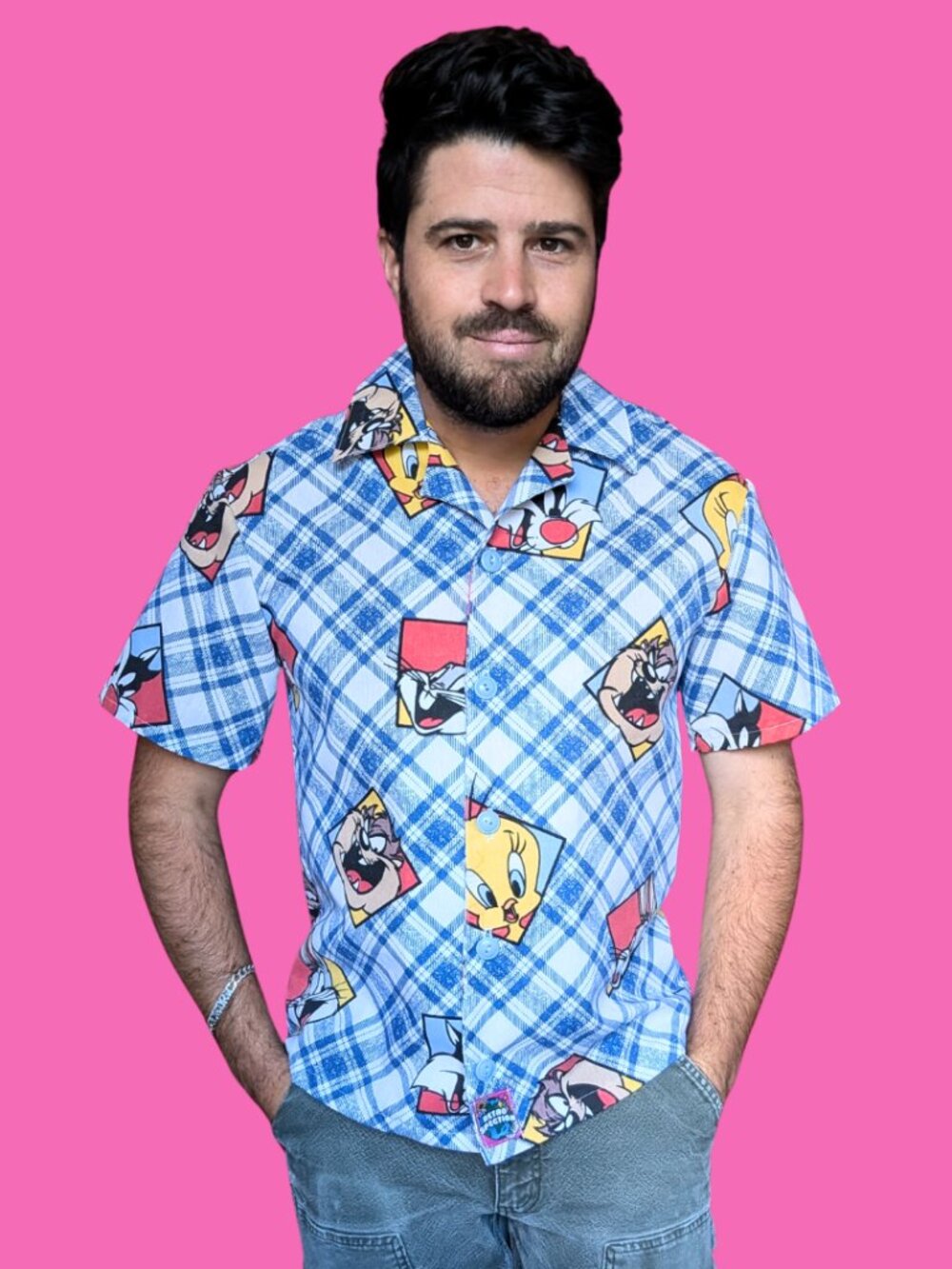 Handmade, Upcycled The Looney Tunes Bedsheet Button Down Shirt Size S